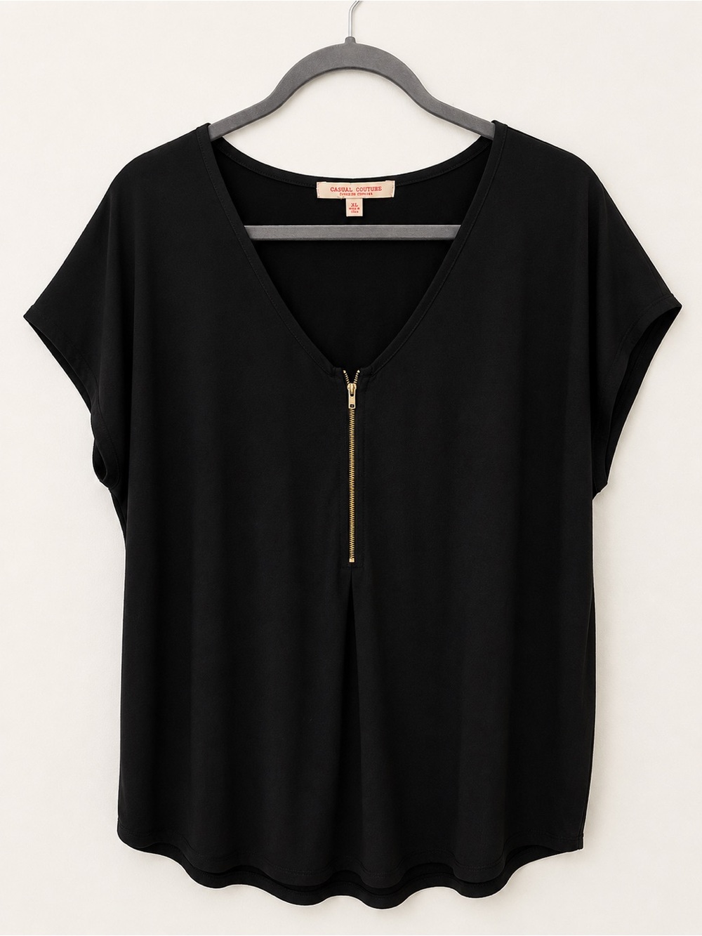 Casual Couture Black Zip Front Blouse XL Gold Hardware